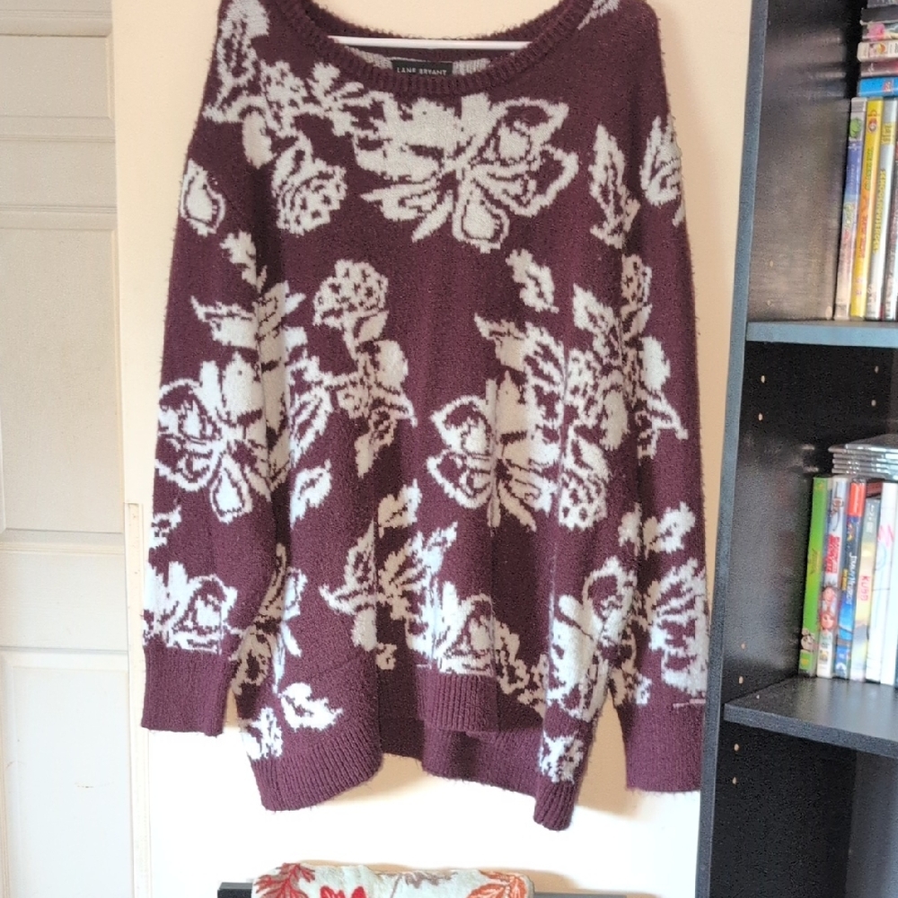Lane Bryant Maroon and White Floral Crew Neck Sweater
